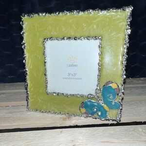 Sunflower 3x3 Yellow Glass Square Photo Frame w/ Butterfly Accent, Freestanding